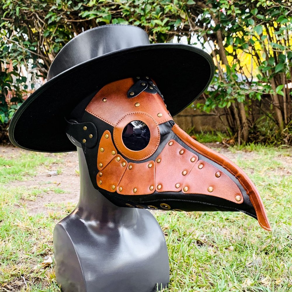 Brown Leather Steampunk Large Beak Plague Doctor with Black Flat Top Hat Costume